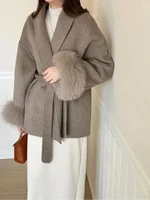 Elegant Lace Up Woolen Overcoat Women Casual Lapel V-neck Full Sleeve Loose Warm Outerwears Lady New Autumn Commute Street Coat 6