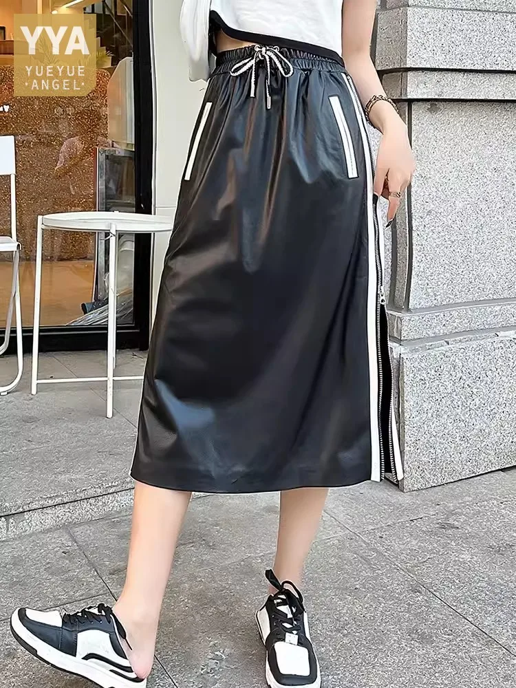 

New Fashion Women Mid Calf Long Side Striped Zipper Split Skirt Slim Fit Elastic Waist Sheepskin Genuine Leather Straight Skirt