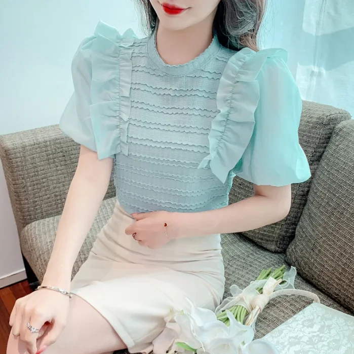 

Fashionable and Sweet Round Neck Bubble Sleeve Short Sleeve Top