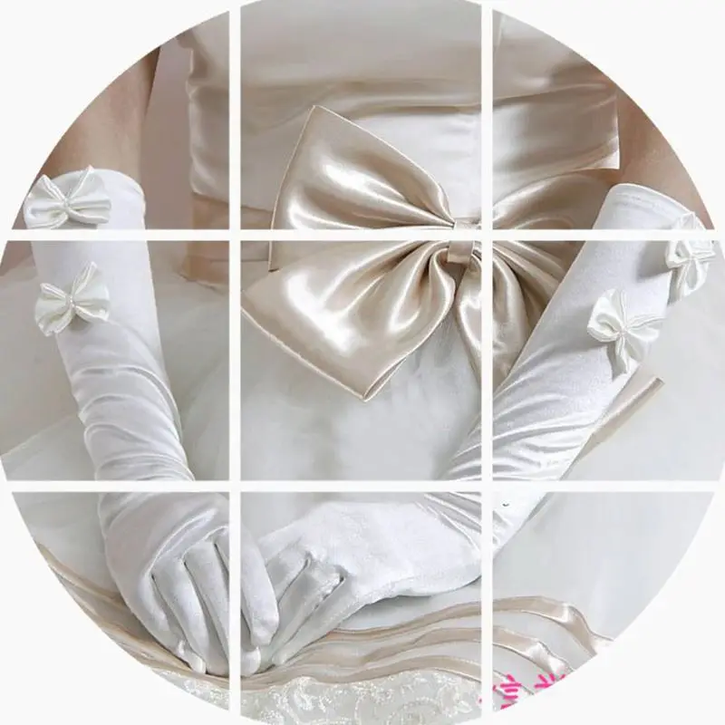 

1 Pair Women Bridal White Wedding Long Gloves Double Bowknot Faux Pearl Decor Dropship