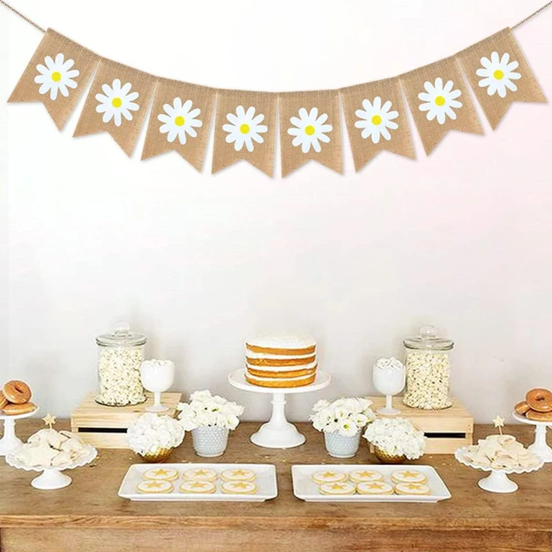 Jute-Sackleinen-Gänseblümchen-Banner, rustikale Girlande, Gänseblümchen-Blume für Frühling und Sommer, Mottoparty, Dekoration, Geschenk, Heimmantel, Kaminzubehör