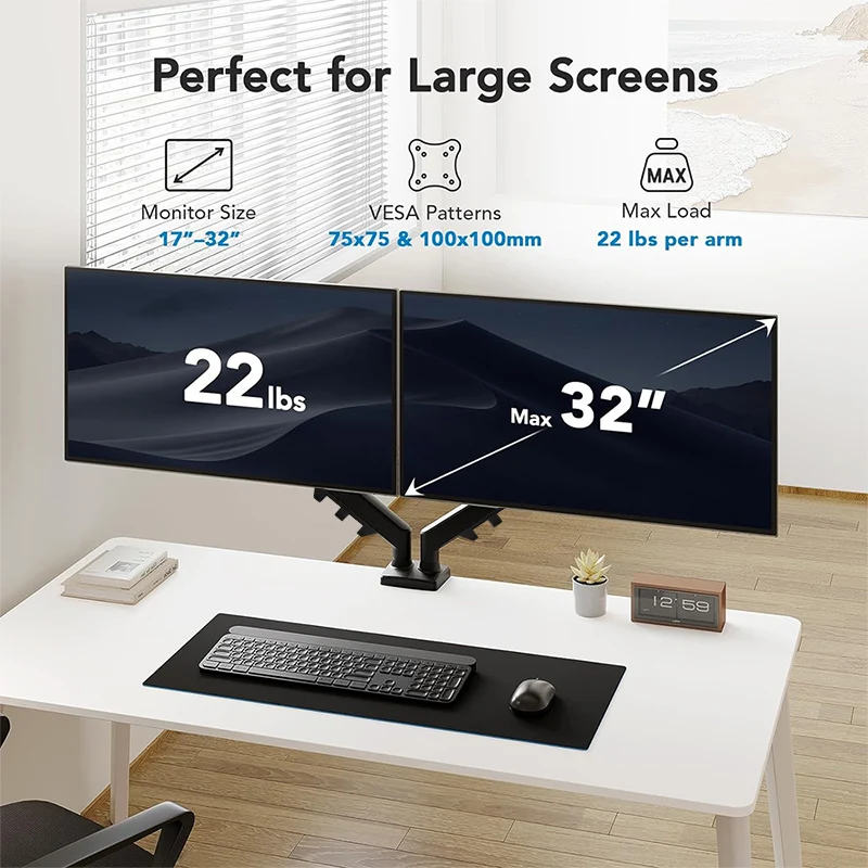 Monitor Desk Mount, Fully Adjustable Dual Monitor Arm for 2 Computer Screens up to 27 inch, Clamp Base Stand for Desk