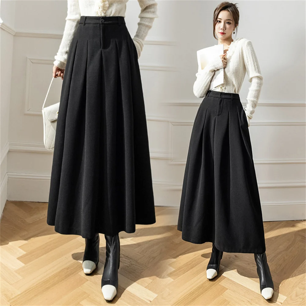 Ylingjun Gonna Lunga In Lana Per Donna – Vita Alta, Elastica, Con Tasche, Svasata, Invernale
