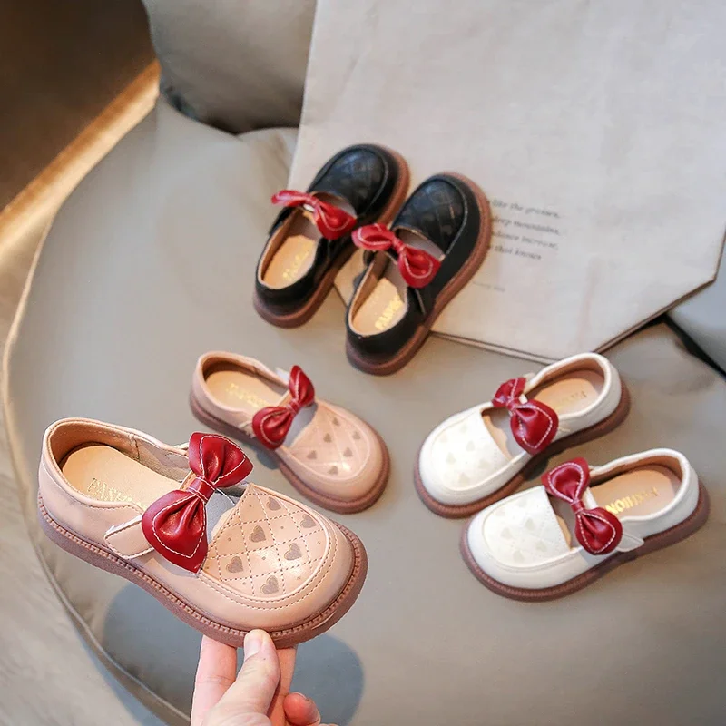 Children Leather Shoes for Girls 2024 Spring Summer New Sweet Bowknot Fashion Comfortable Soft Sole Loafer Princess Party Shoes