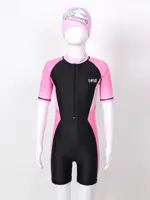 Kids Girls Swimwear Set One-piece Short Sleeves Colorblock Swimming Jumpsuit Swimwear with Hat Girls Cute Swimming Rash Guard 3