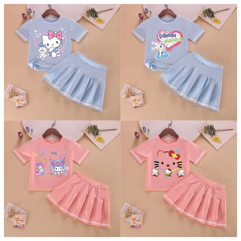 

Kawaii Anime Sanrios Kuromi Hellokittys Printed Cute Girl's Short Sleeve Short Skirt Set Cartoon Summer T-shirt Jk Pleated Skirt