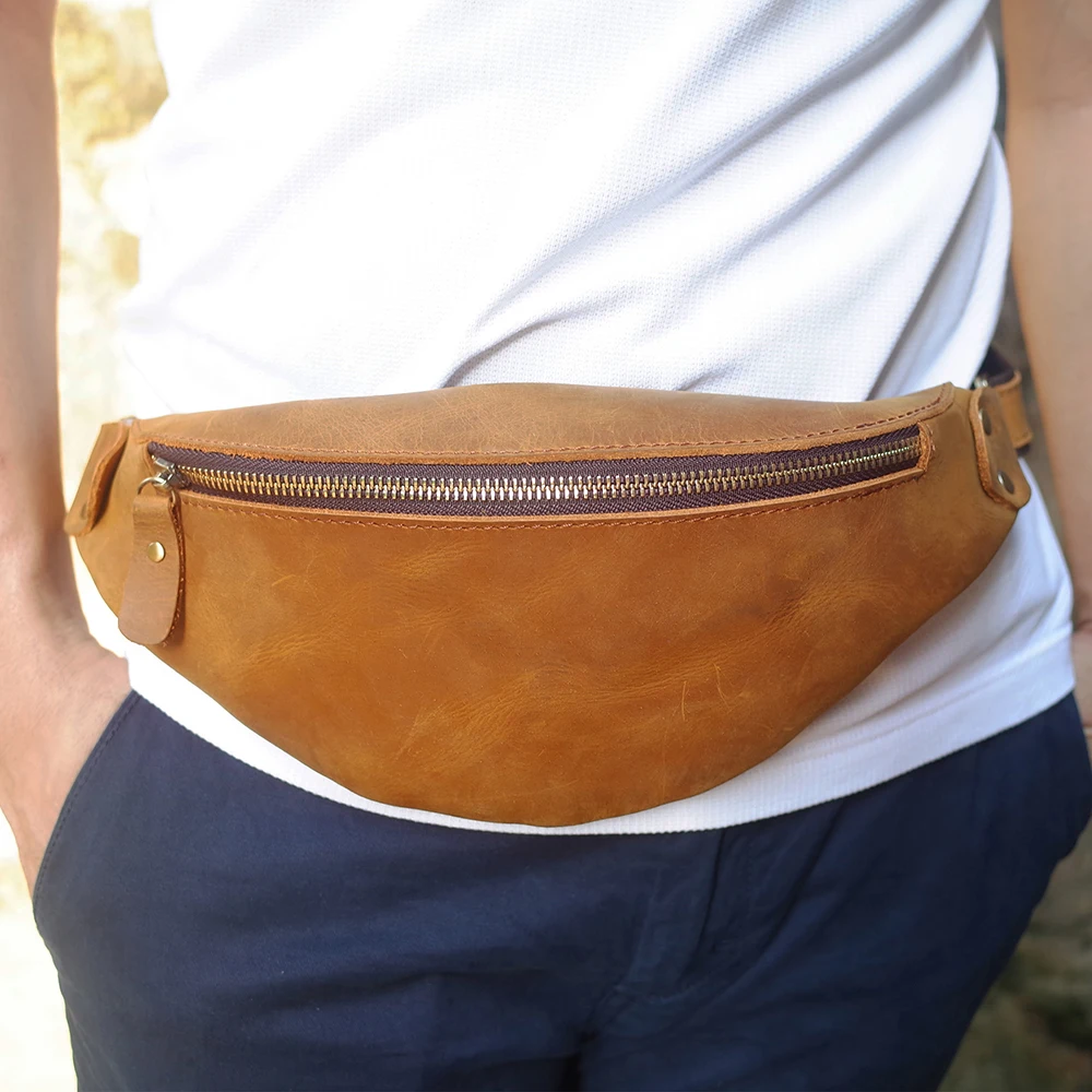 

Men's bag retro crazy horse leather waist bag multifunctional leather crossbody chest bag outdoor sports phone bag for men