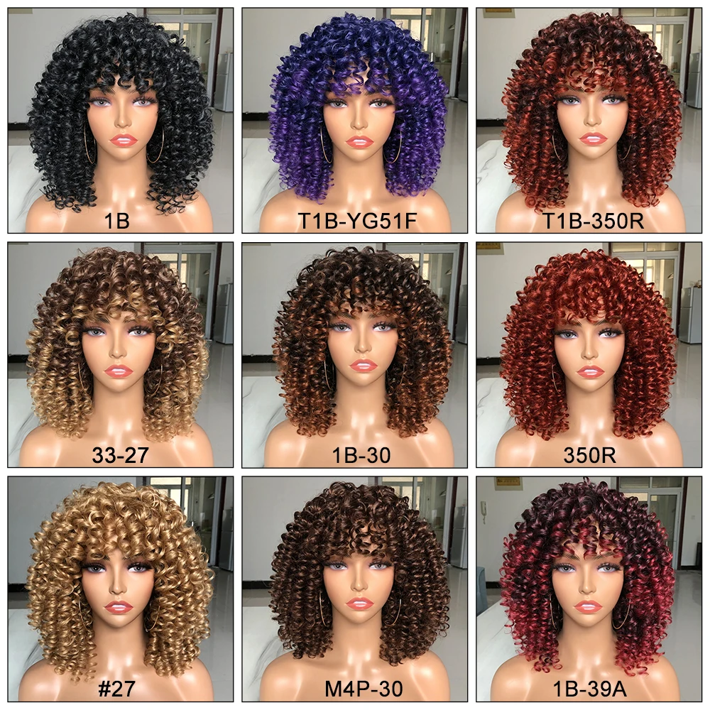 Kurze Haar Afro Verworrene Lockige Perücken Mit Pony Für Schwarze Frauen Flauschigen Synthetische Ombre Glueless Cosplay Natürliche highlight Blonde Perücke