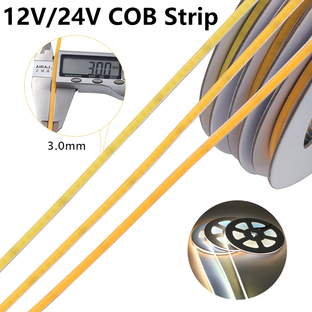 3mm Ultra Thin COB LED Strip 12V 24V 384Led/m Super Fine Linear Flexible LED Lights Tape Ribbon for Bedroom Decor Night Lamp new flexible cob led strip light dimmable fob super slim 5mm 480 leds m high density dc 12v 24v tape white strips lights linear