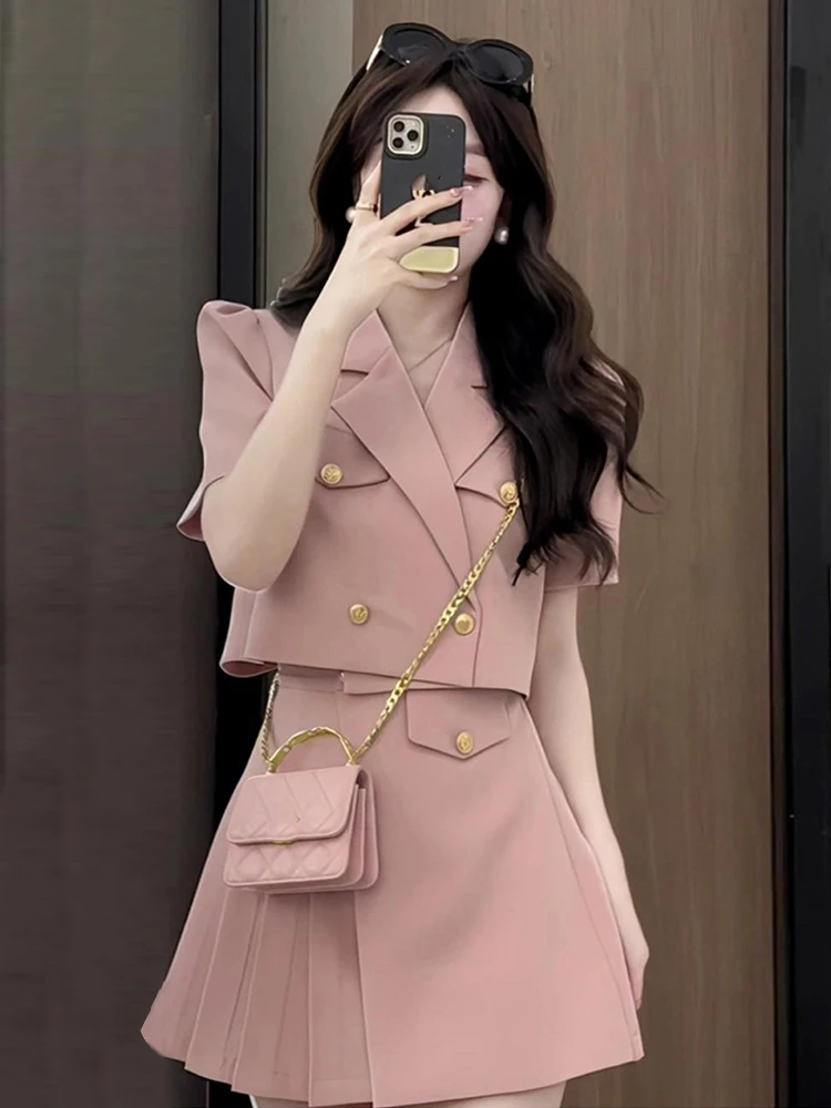 

Fashion Preppy Summer Solid 2 Pieces Outfits Suits Women Ladies Short Cropped Tops Coat Blazer Suit Pleated Mini Skirt Short Set