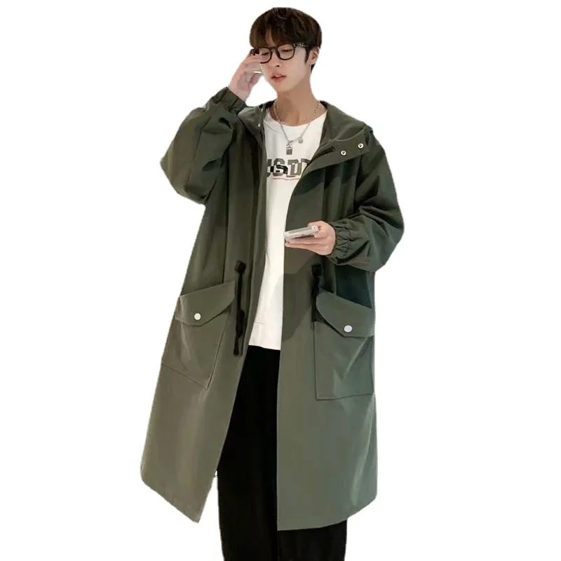Korean Style Spring Trench Coat Hooded Loose Big Pockets Windbreaker Windproof Men Daily High Street Overcoat Men Clothes