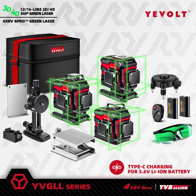 Nivelă laser verde YEVOLT, plan 3/4, 12/16 linii, autonivelare, 360°, 3D/4D, orizontală și verticală, instrument de măsurare a puterii, seria YVGLL4XS 1