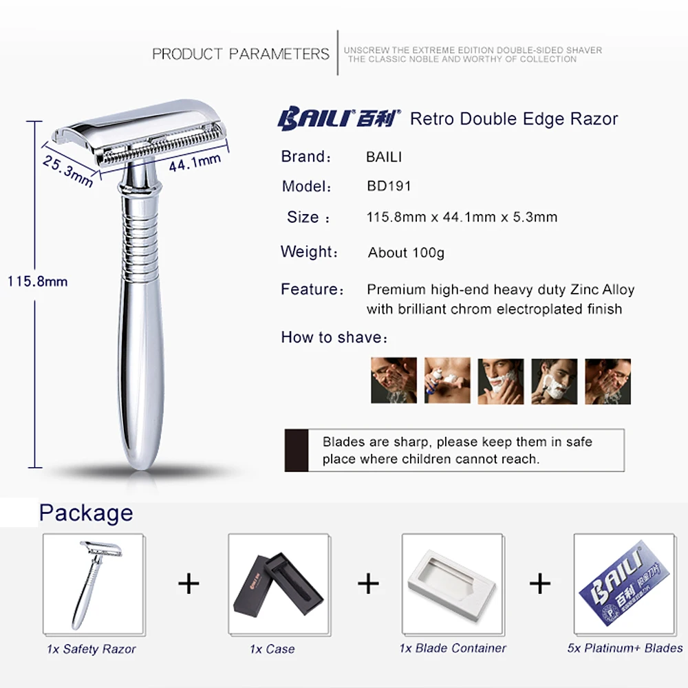 BAILI Safety Razor Double Edge One Blade Shaver Classic Barber Wet Shaving for Men Women Beard Hair Removal with Blades BR191T 3