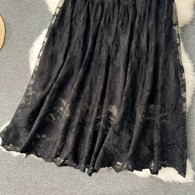 Women A-line Skirt Lace Hollow Out High Waist Long Shirt Leisure New Chic High-end Design Solid White Office Lady Loose