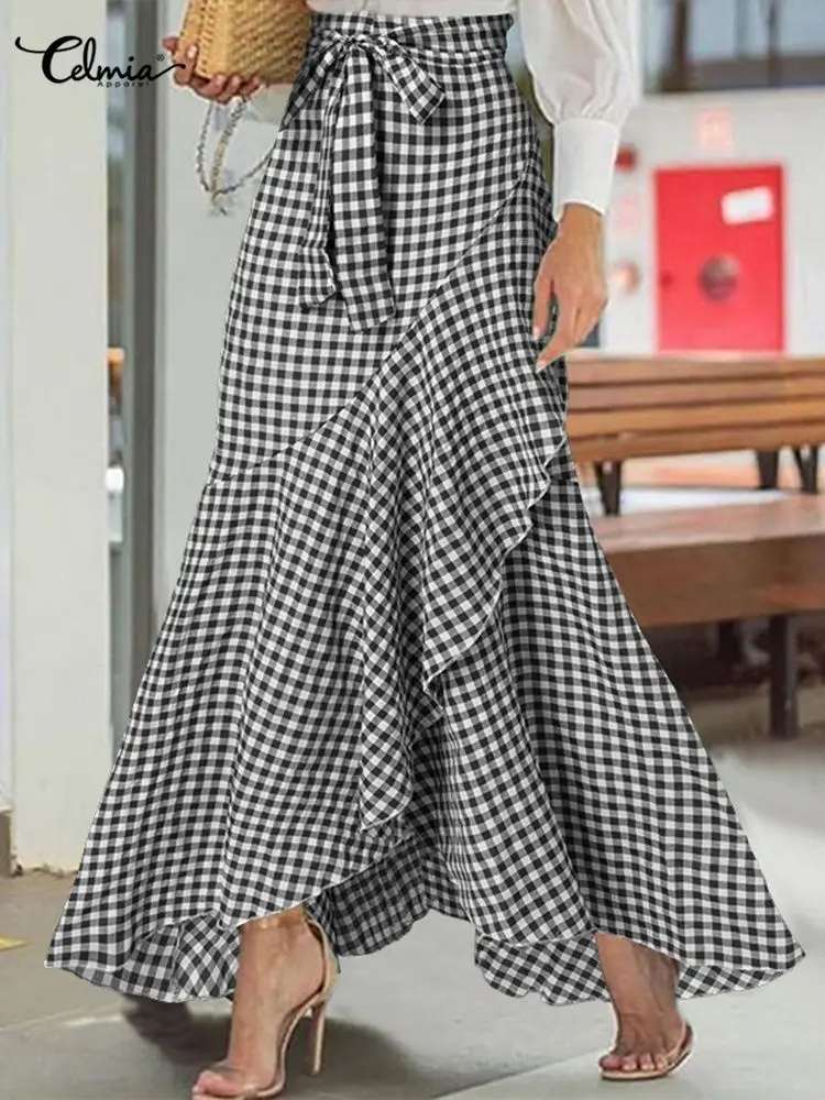 

Celmia Women Plaid Long Skirt 2023 Summer Elegant Asymmetrical Ruffled High Waist Mujer Faldas Casual Pleat Mermaid Jupe Longue