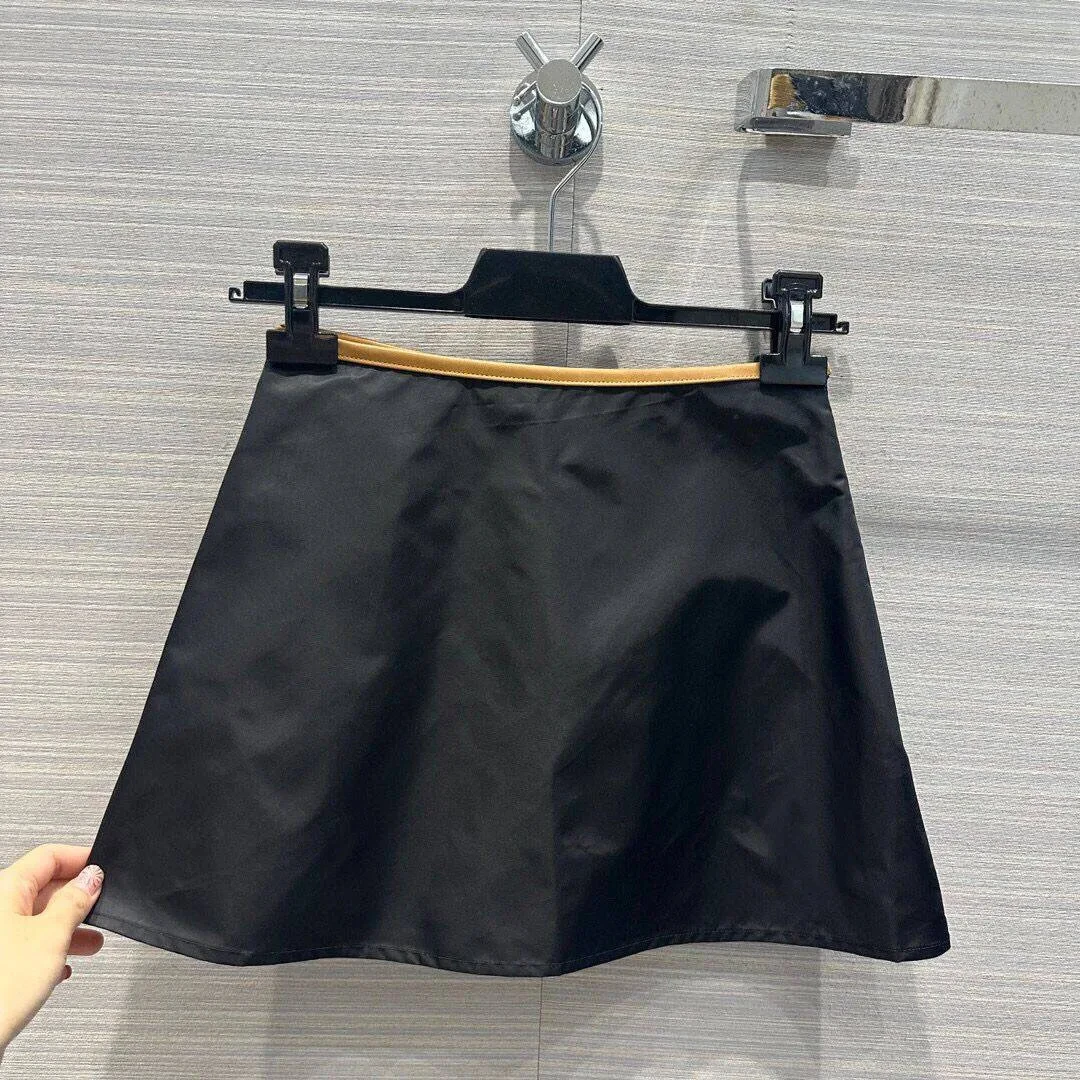 

2024 New Fashion Black All-matched Mini A-line Skirts Womens High Waist Leather Patchwork Sweet Preppy Style Skirt