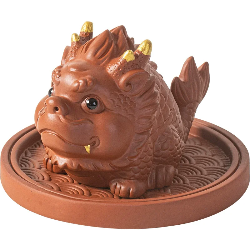 Chinese Dragon Koi Fish Statue Purple Sand Mythical Creature Tea Pet, Wealth Luck Office Desk Ornament, Feng Shui Tea TableDecor