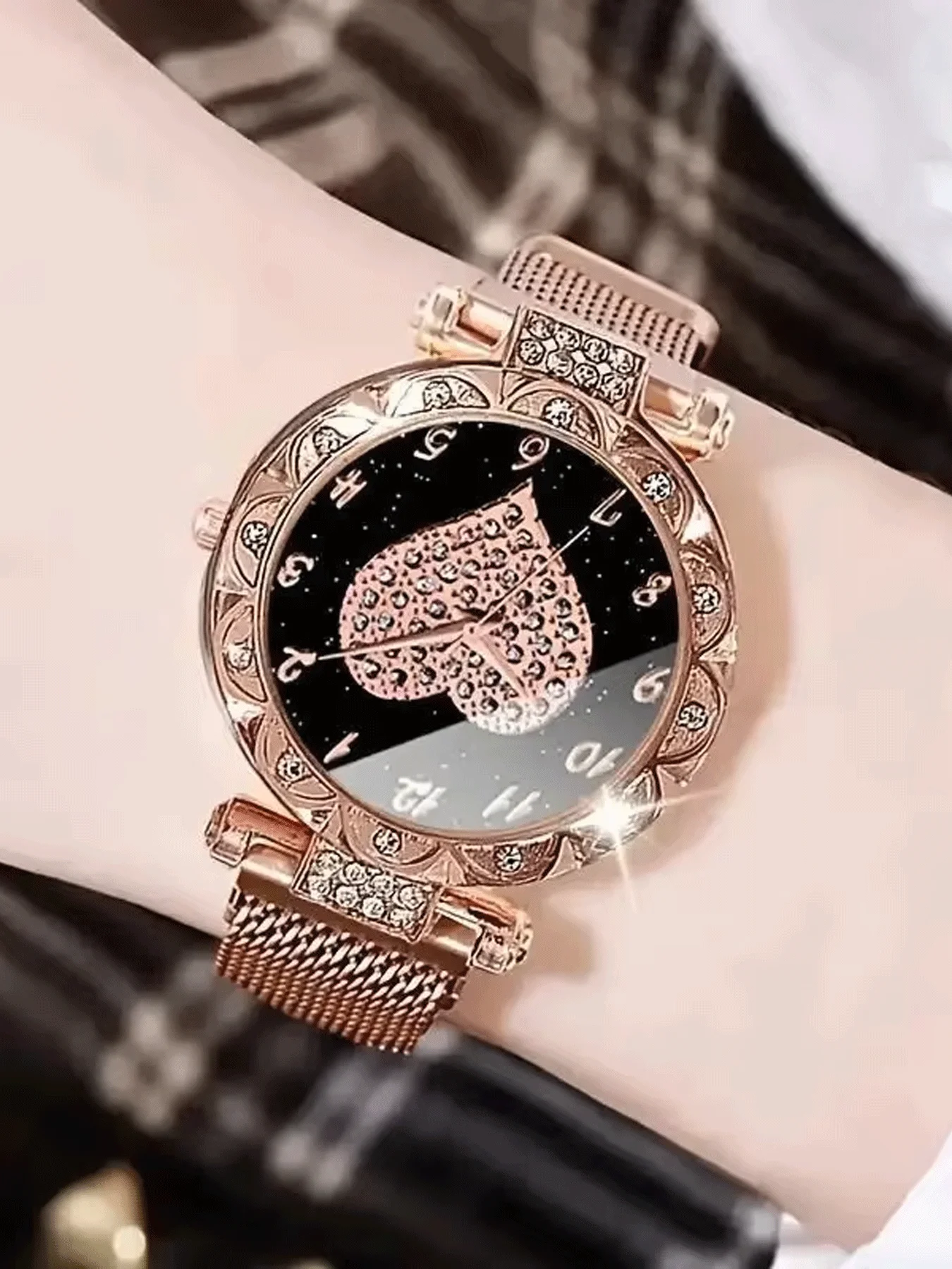 2pcs/set Women's Luxury Rhinestone Star Quartz Watch Rose Golden Fashion Analog Wrist Watch & Star Bangle, Gift For Mom Her