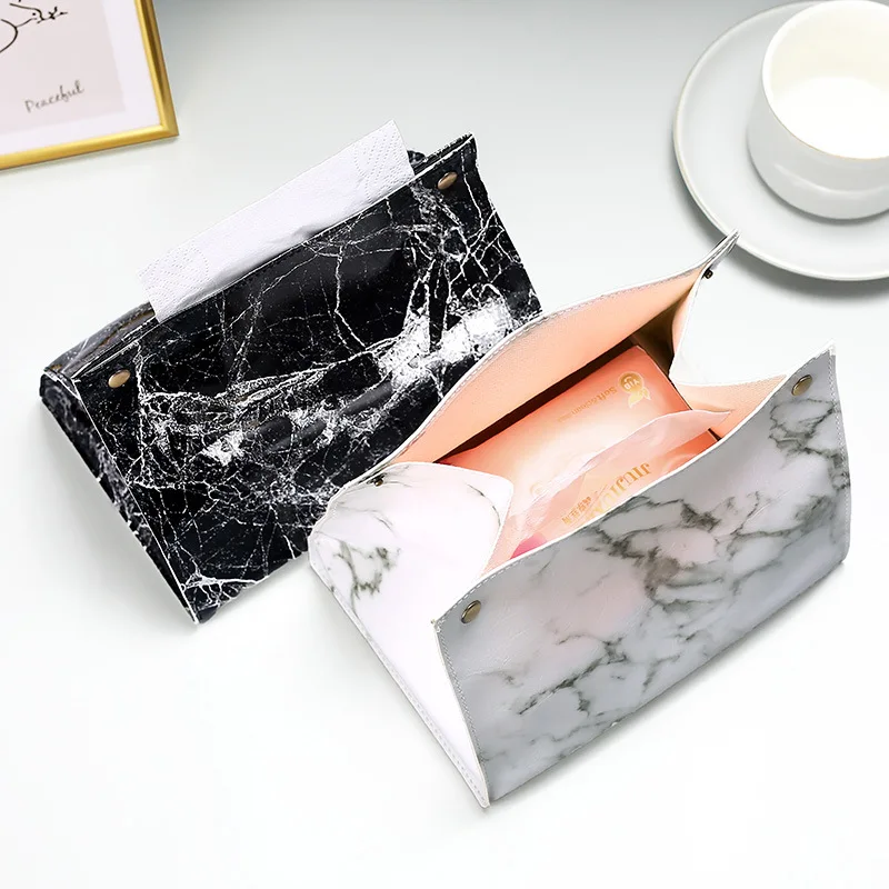 Tissue Case Box Container PU Leather Marble Pattern Napkin Holder Tissue Box Papers Bag Cosmetic Case Pouch Organizer Tissue Dispenser Tissue Box Napkin Holder
