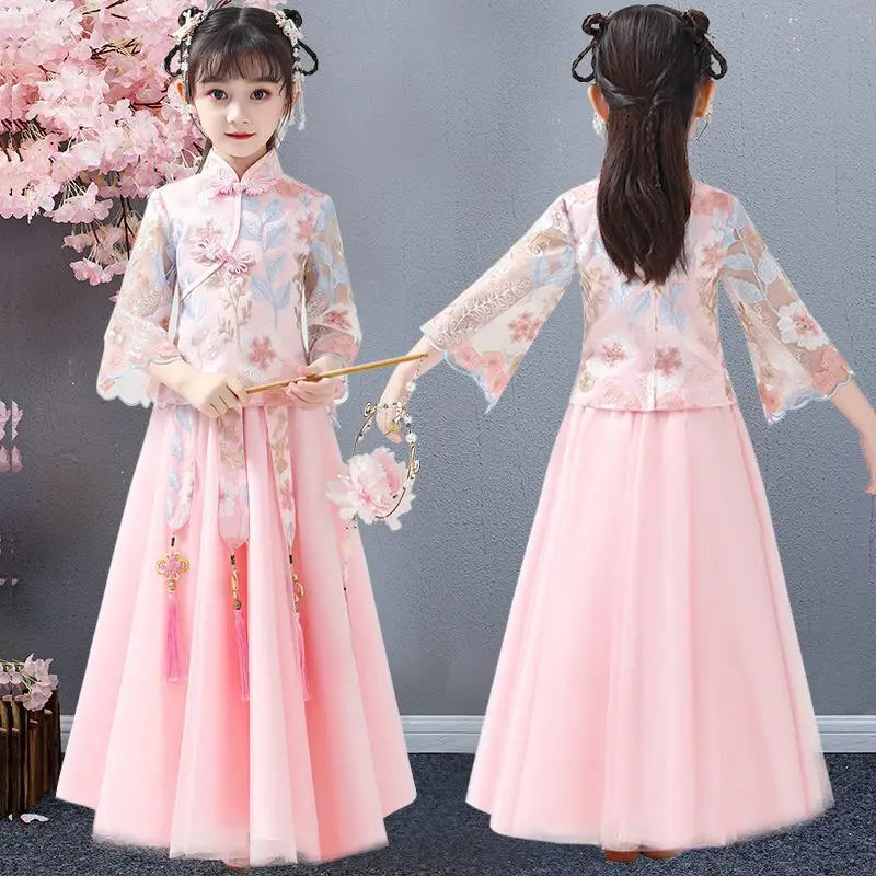 Hanfu kızların bahar ve yaz yeni antik Tang prenses elbise süper peri çocuk performans Cheongsam takım