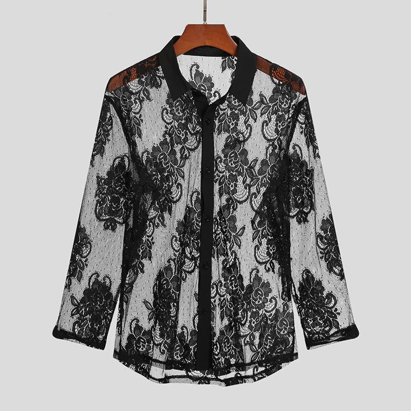 Men Short Sleeve T Shirt Fall Mens Vintage Turn-down Collar Florals Embroidery Tops Casual Buttoned Mesh Shirt
