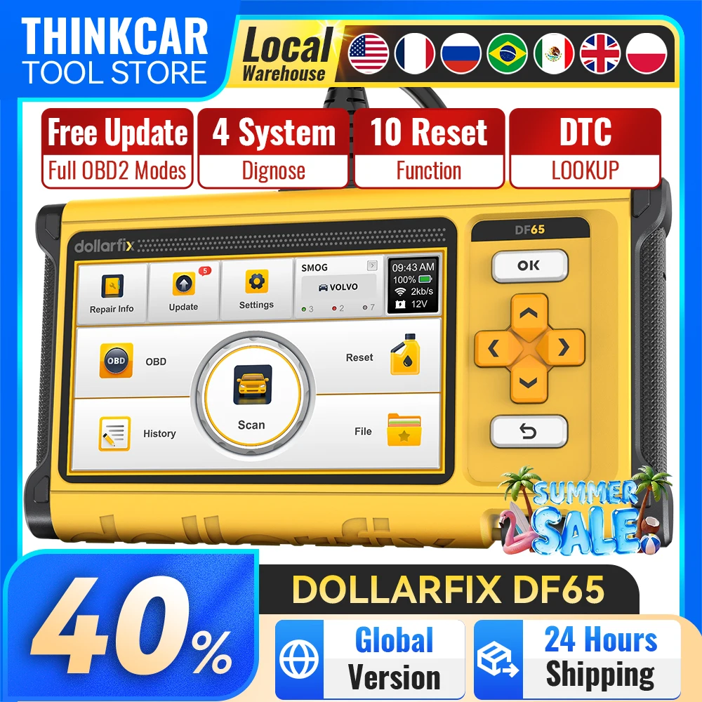 Herramientas de diagnóstico Dollarfix DF65, 4 sistemas, escáner OBD2, 10 herramientas de escaneo de reinicio, aceite/ETS/DPF/EPB/SAS/TPMS/inicio/reinicio de Airbag