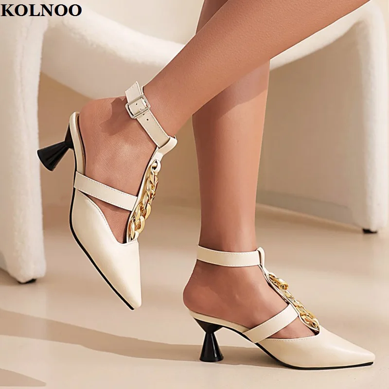 

Женские босоножки ручной работы Kolnoo, Классические сандалии на среднем каблуке, с ремешками-цепочками, летняя обувь, вечерняя модная пикантная обувь