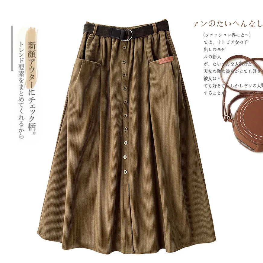 

Retro Loose Fitting Corduroy Skirt Autumn and Winter Women's Mid Length Casual Pockets Front Buckle Split Cargo Skirts Women
