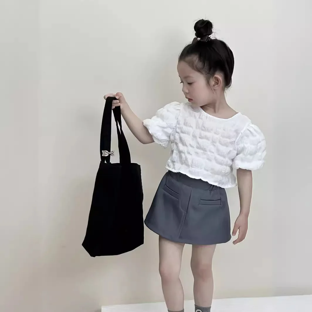 여아 공주 회색 하프 스커트, 한국 스타일 A라인 스커트, 어린이 소녀 패션, 단색 회색 힙 스커트, 여름 신상