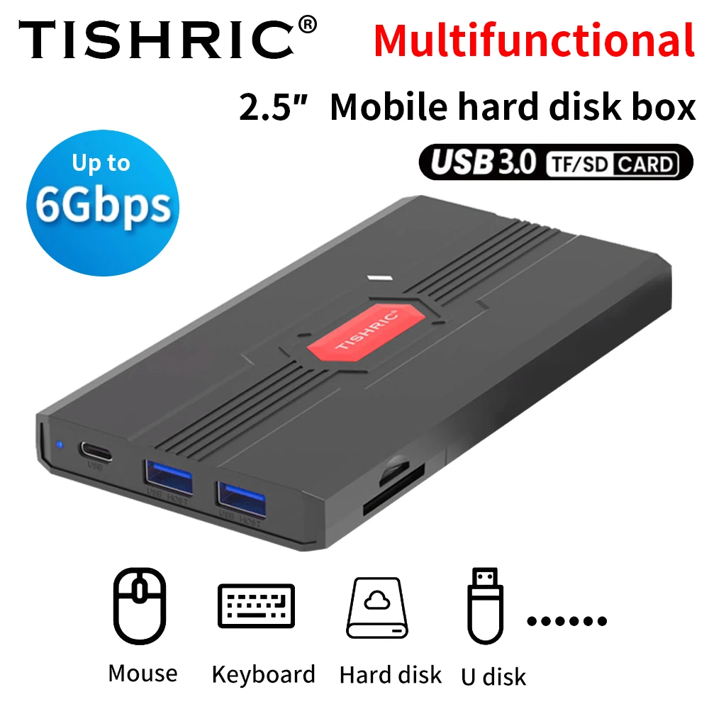 TISHRIC External Hard Drive Case 2'5 Sata To USB3.1 Type C Hard Disk Enclosure SD TF Card Reader Up To 6Gbps SSD Case For Gaming