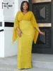 Missord Yellow Sequin Plus Size Wedding Party Dress Elegant Women V Neck Flare Sleeve Bodycon Prom Dresses Long Evening Gown