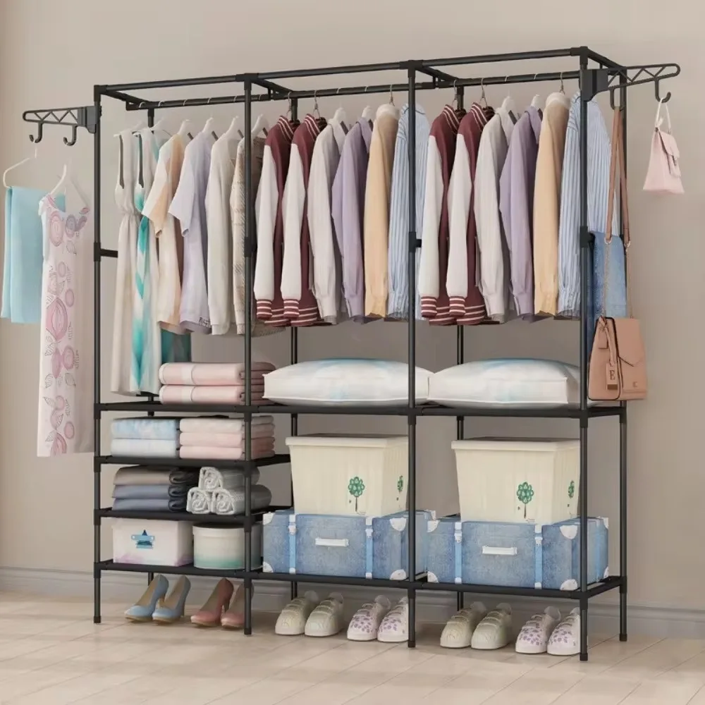 Double-Row Coat Rack Household Large Wardrobe Hangers for Clothes and Shoes Multifunctional Clothes Floor Standing Simple Hanger