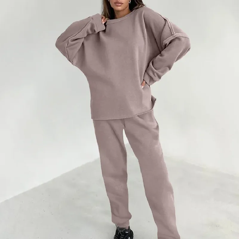 

Clinkly Drop Shoulder Terry Knitwear Sweatsuits Two Pieces Casual Sets Pleated Pullover Tops Jogger Pants Women 2-piece Suit