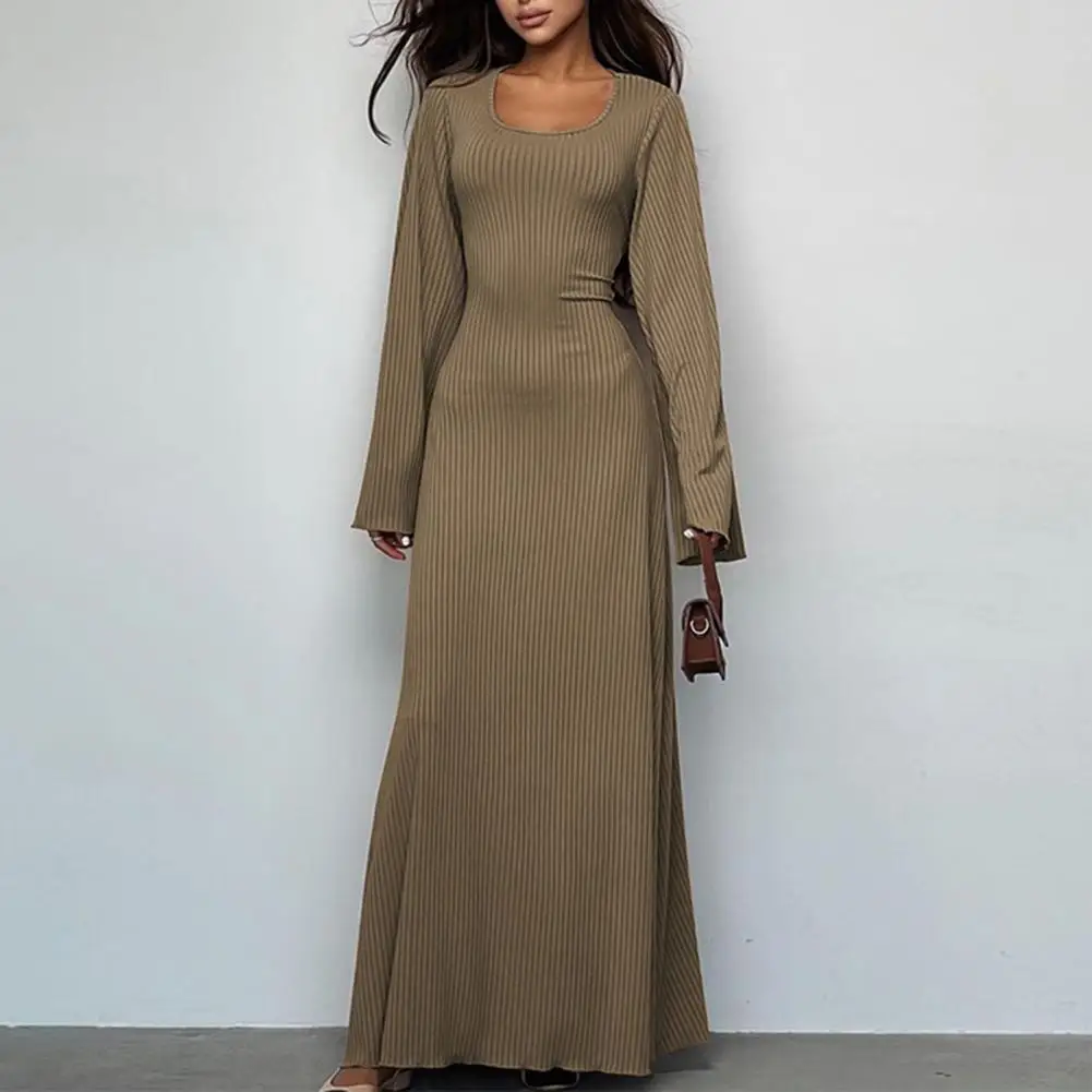 

Women Dress Elegant U Neck Long Sleeve Maxi Dress with Slim Fit A-line Design Elastic Long Horn Sleeves Back Strap for Women's