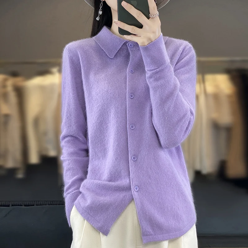 100% Mink Cashmere POLO Collar Women's Sweater Cardigan Solid Color Thick warm Cardigan Sweater For Women 2023 Autumn/Winter New 3