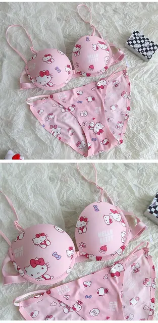 Kawaii Hello Kitty Underwear Set 2023 New Cartoon Printed Sanrio Kitty Cat Bra  Underpants Funny Couple Briefs Sweet Girl Bra Set - AliExpress