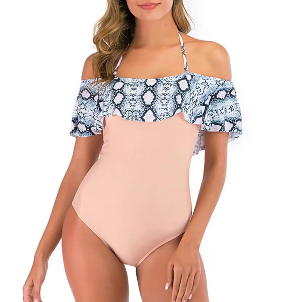 

Sexy Ruffled Trim Off Shoulder Monokini Floral Print S-shaped Figure Swimsuit Quick Drying Skinny One-piece Swimwear