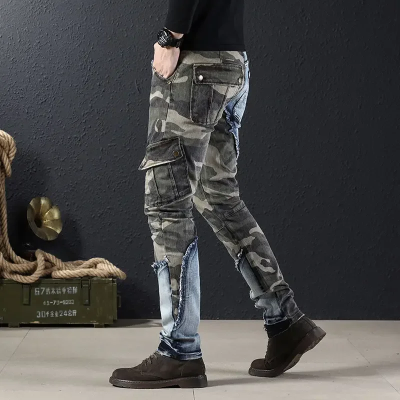 

Мужские Роскошные уличные спортивные джинсы-карго, износостойкие камуфляжные джинсовые брюки, модные повседневные брюки в стиле милитари с несколькими карманами