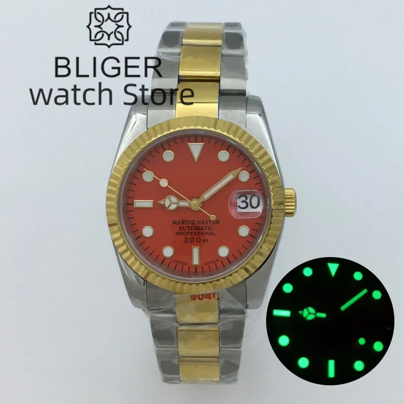 BLIGER 36mm/39mm NH35 Automatic Men Watch Gold Silver Two-Tone Oyster/Jubilee Bracelet Red Dial Sapphire Glass Gold Fluted Bezel