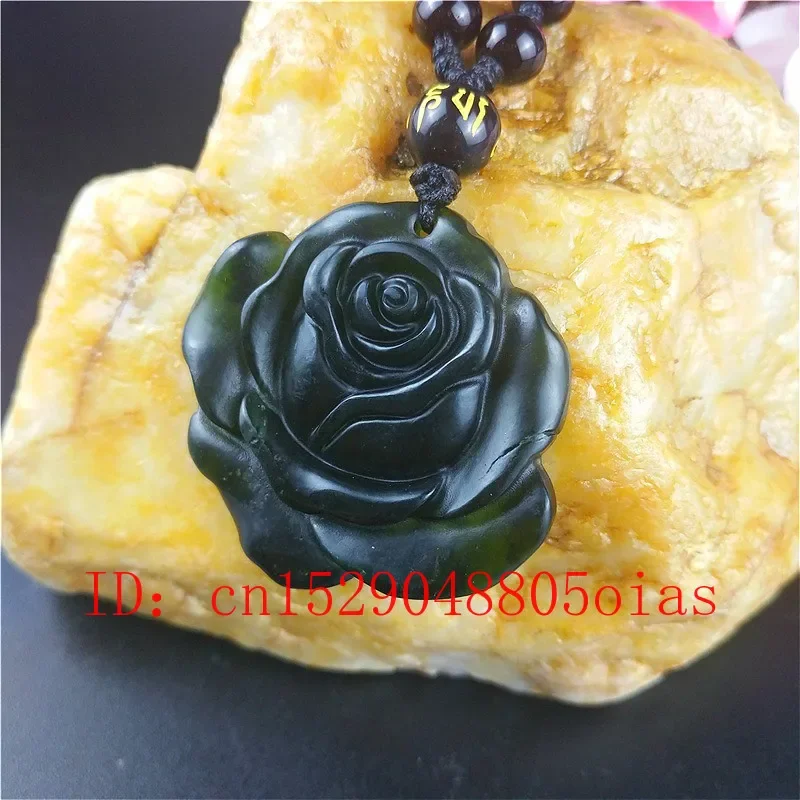 Certified Chinese Natural Black Green Jade Rose Pendant Necklace Obsidian Charm Jewellery Accessories Carved Amulet Gifts