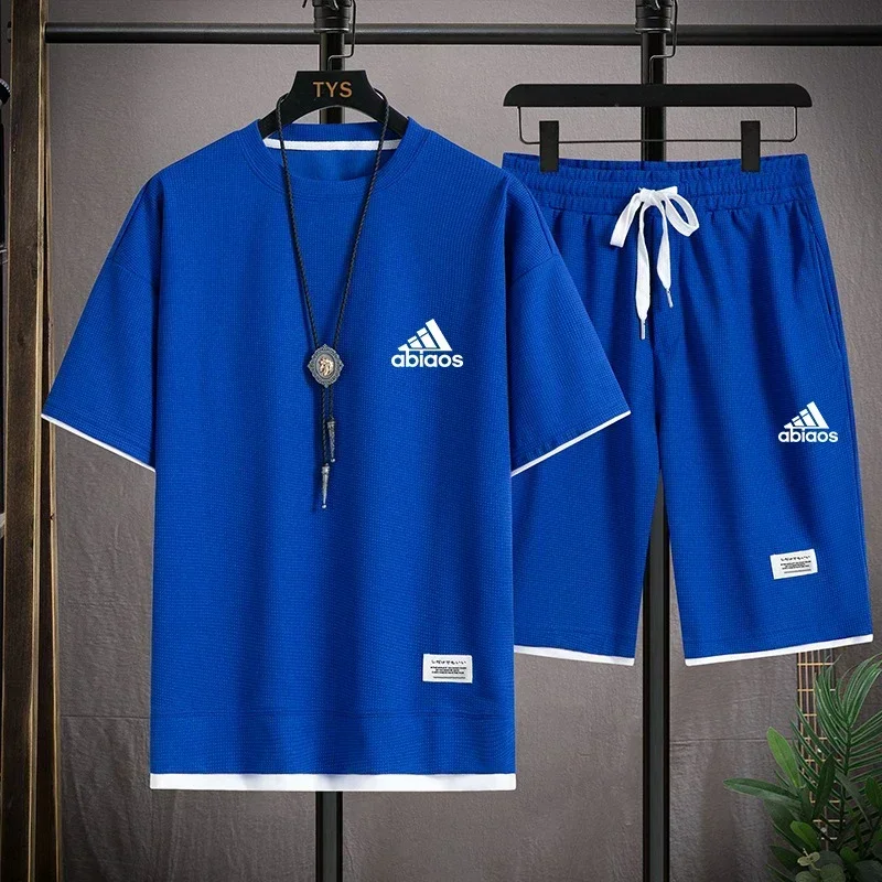 

2024 Hot and comfortable fashion summer men's short sleeve casual T-shirt + Sports shorts Breathable Waffle jogging 2-piece set