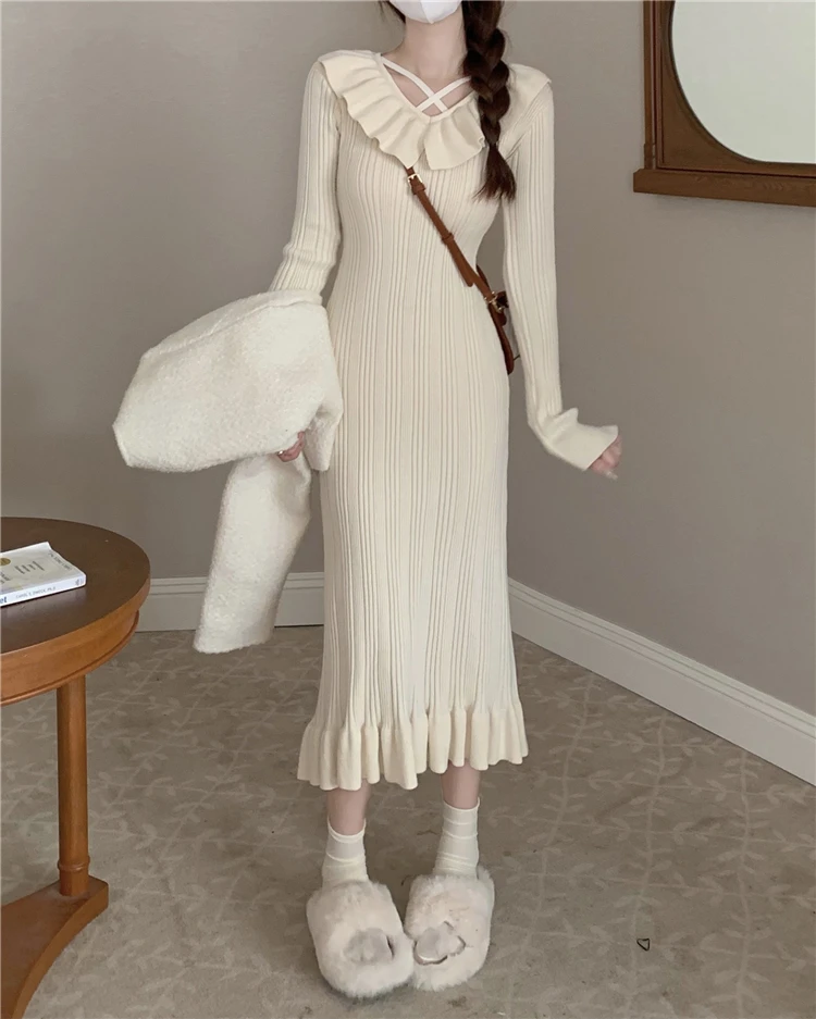 Autumn Knitted Dresses for Women Ruffles V-neck Solid Bodycon Casual Solid Midi Dress Korean Fashion Vestidos Mujer New Knitwear