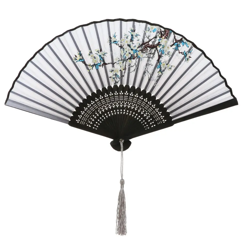 Elegant Vintage-Style Bamboo Silk Hand Fan with Colorful Tassel