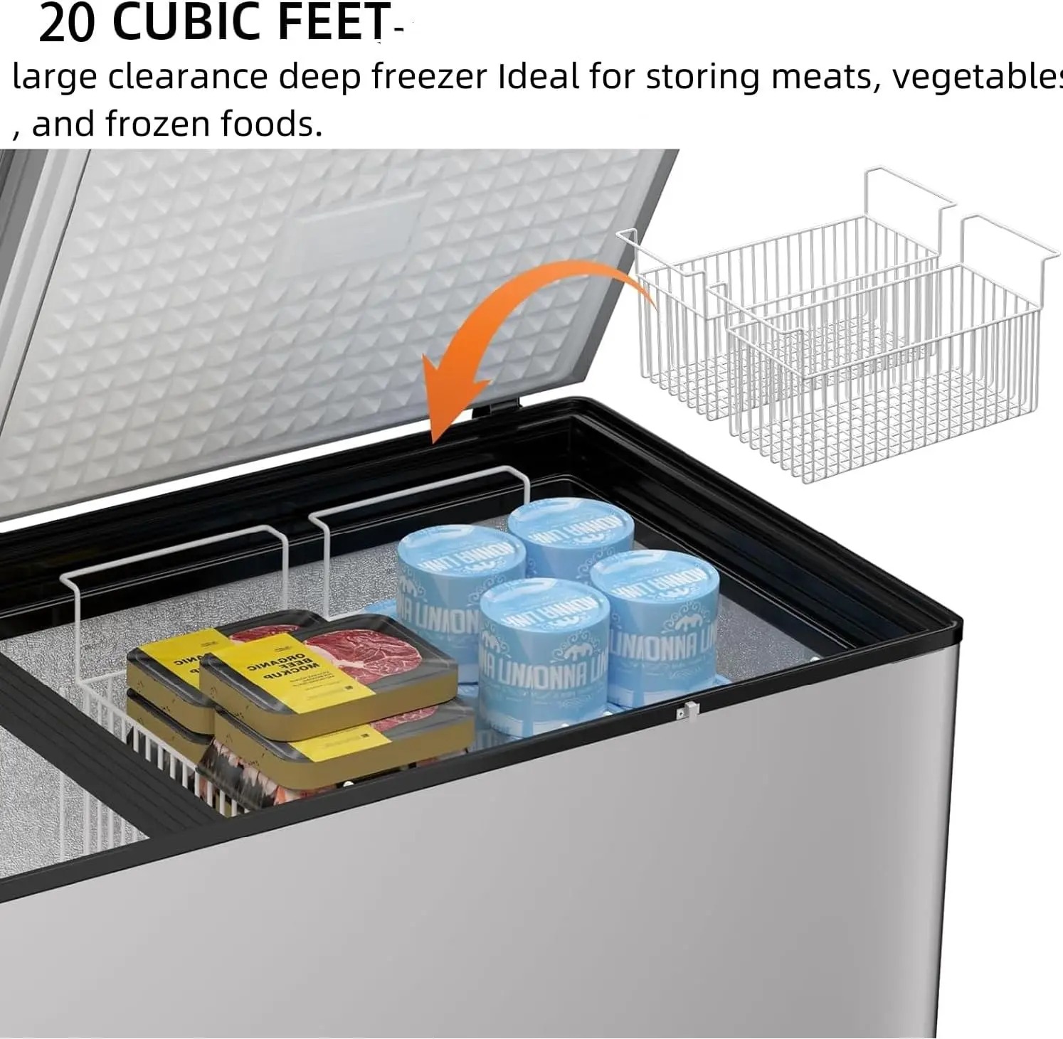 Ft Chest Freezer - Large Commerical Deep Freezer with Removable Baskets - Top Open Door Compact Freezer w/Adjustable Temperature 3