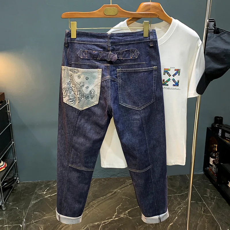 Spring New Men'S Jeans High End Light Luxury Print Dark Blue Instagram Straight Fit Loose Casual Fashion Denim Pants