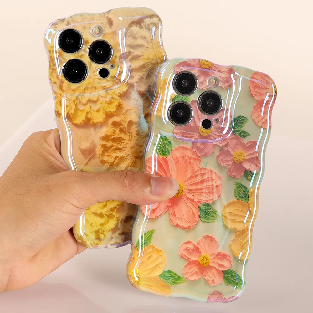 

Retro Oil Painting Flower Laser Phone Case For IPhone 11 12 13 Pro Max Bumper Soft Silicone Cover