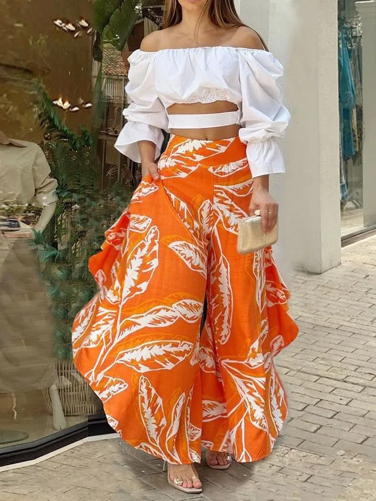 

Print Wide Legs Pants Women 2023 Summer New Sexy One Shoulder Cropped Top+ Casual Loose Pants Set Fashion Two-piece Set Outfits
