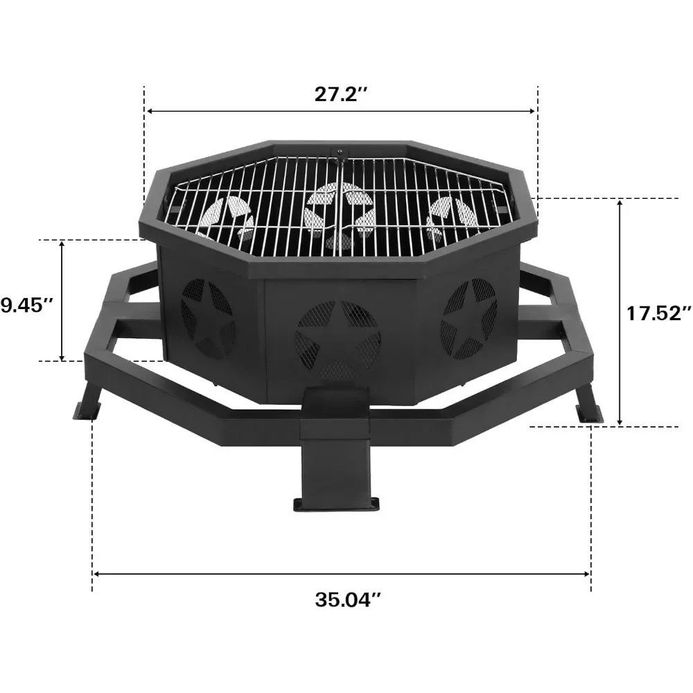 35 Inch 2 in 1 Fire Pit with Grill, Large Wood Burning Fire Pit with Cooking Grate, Octagonal Outdoor Firepit