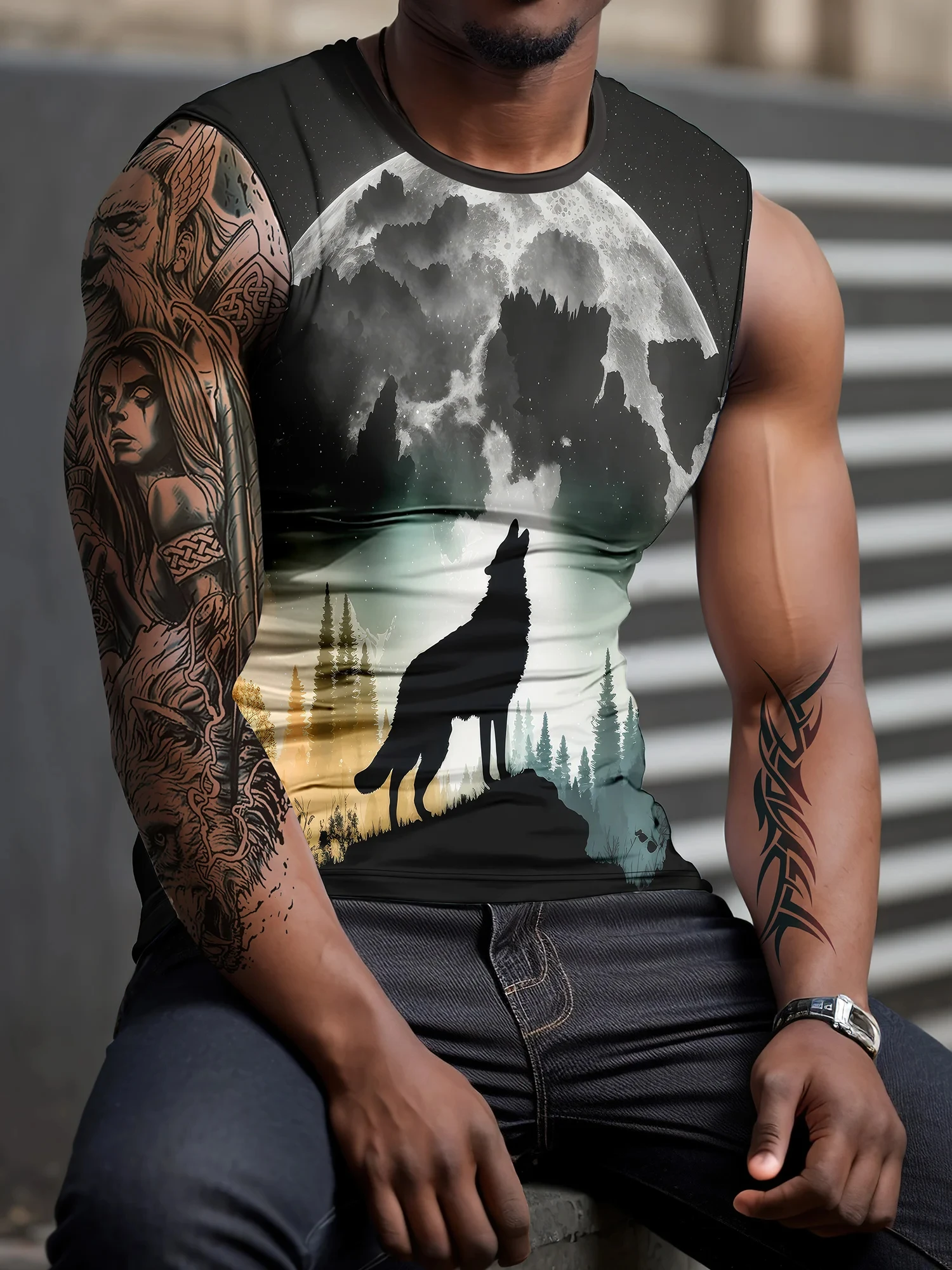 

Summer Men's 3d Wolf Print Casual Round Neck Vest High-Quality Outdoor Polyester Sleeveless T-Shirt Daily Sports Fashion Top