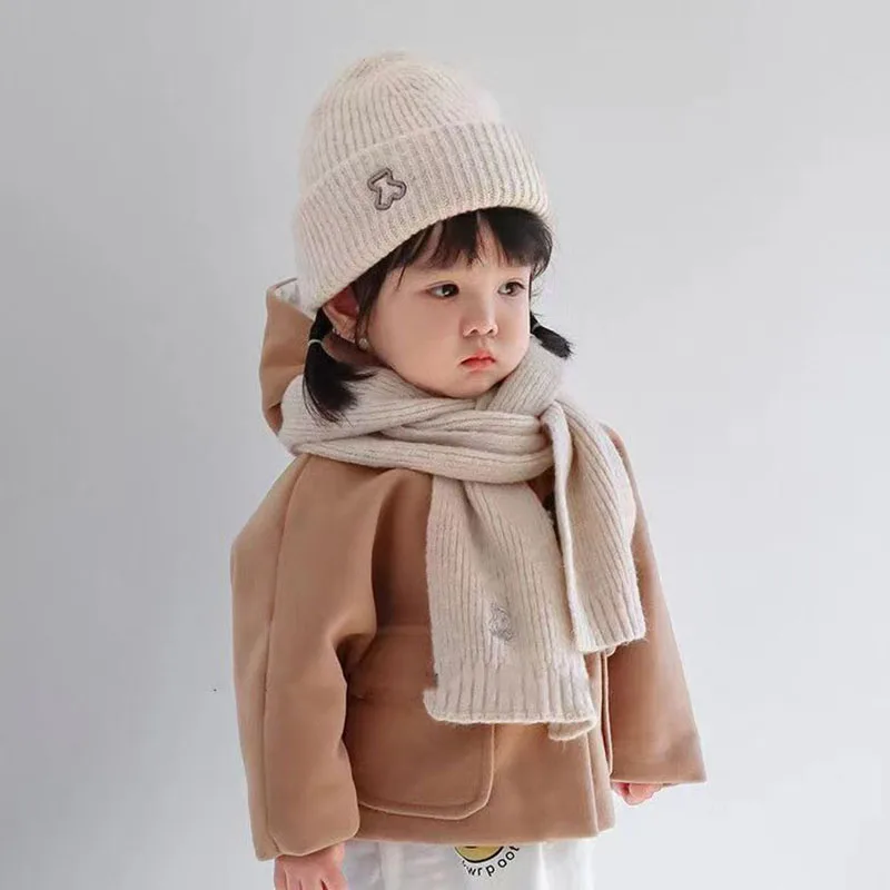 Letter Baby Hat Scarf Set Winter Korean Thick Warm Boy Girl Knit Pullover Hats Neck Cover Outdoor Kids Windproof Neckerchief